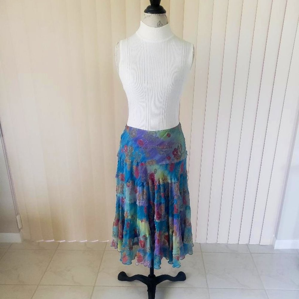 Ruffled, Floral Skirt in Beautiful Pastel Shades, Size M, top for display only